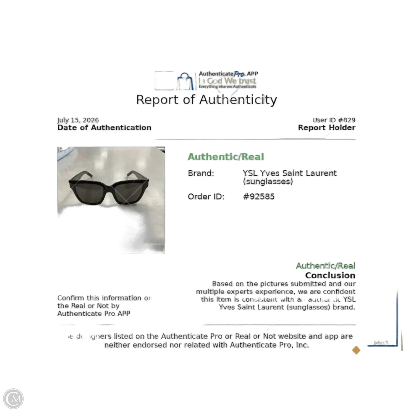 Sunglasses Luxury Designer By Yves Saint Laurent