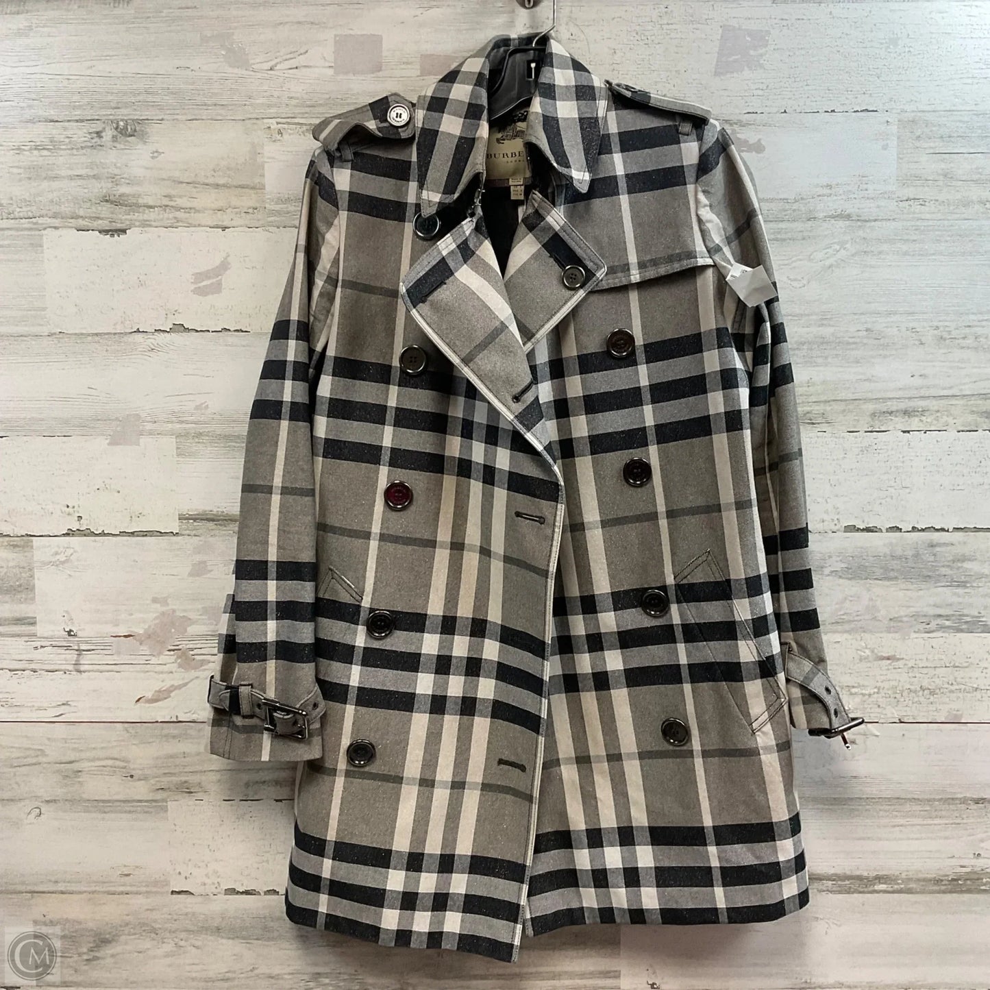 Coat Luxury Designer By Burberry In Grey, Size: S