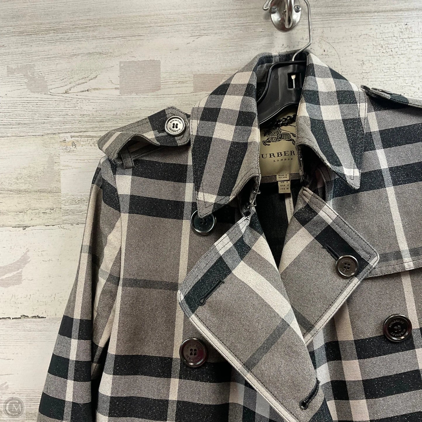 Coat Luxury Designer By Burberry In Grey, Size: S