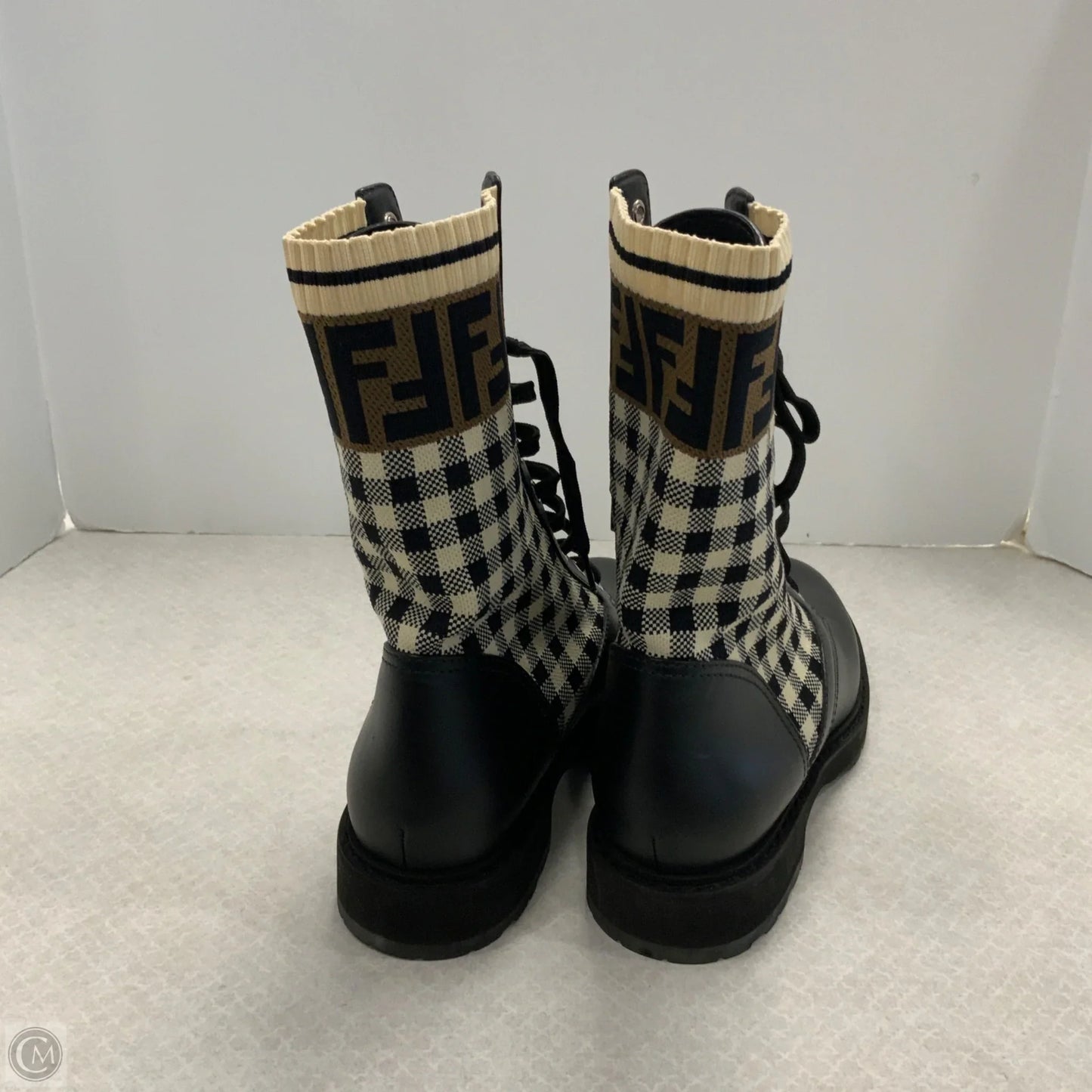 Boots Luxury Designer By Fendi In Black & Cream, Size: 9