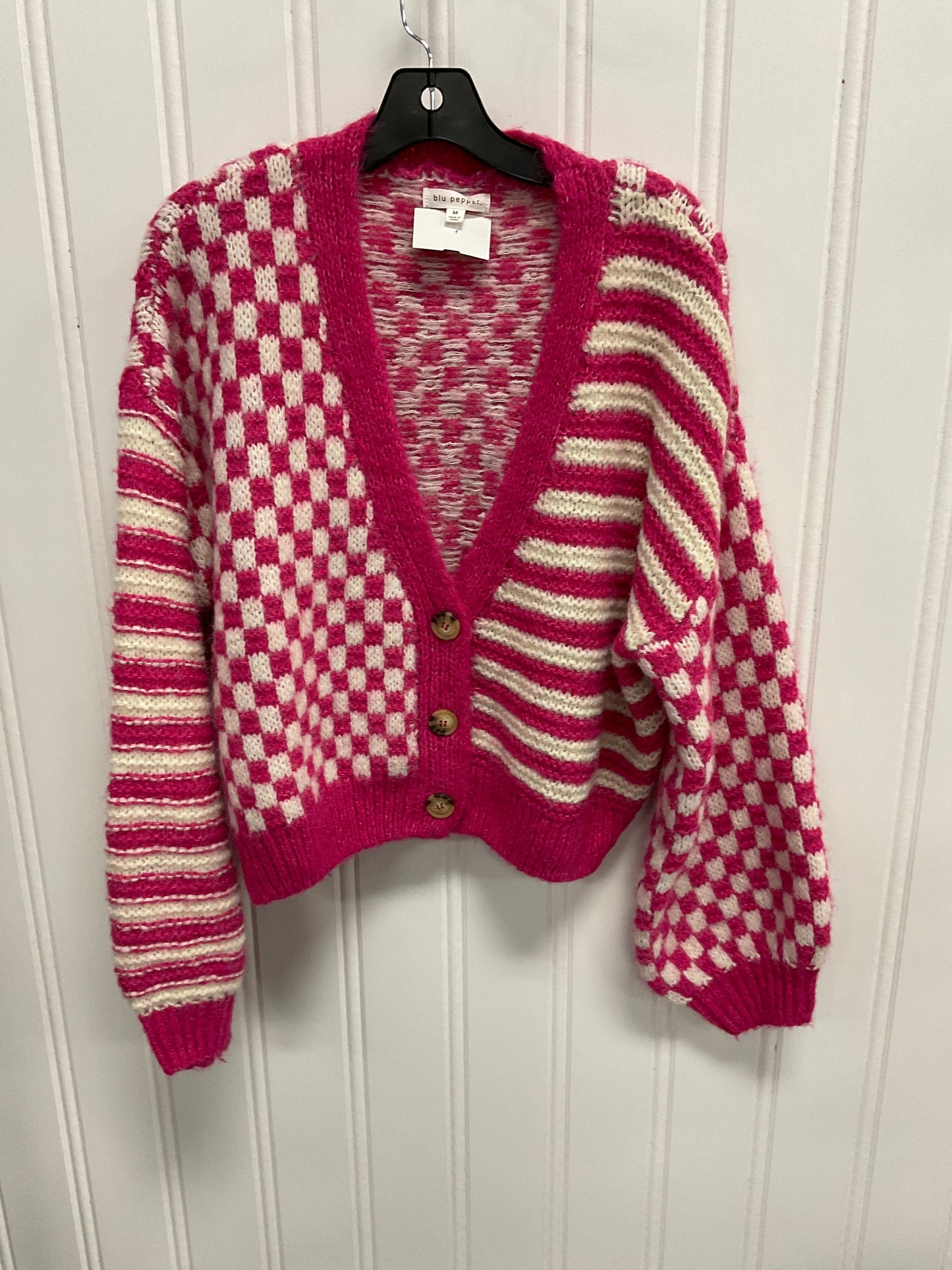 Sweater Cardigan By Blu Pepper In Cream & Pink, Size: M