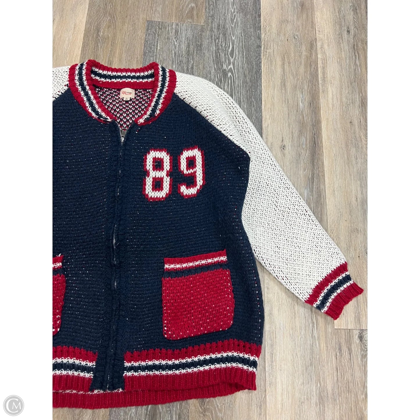 Sweater Cardigan By DH Apparel In Blue & Red & White, Size: M