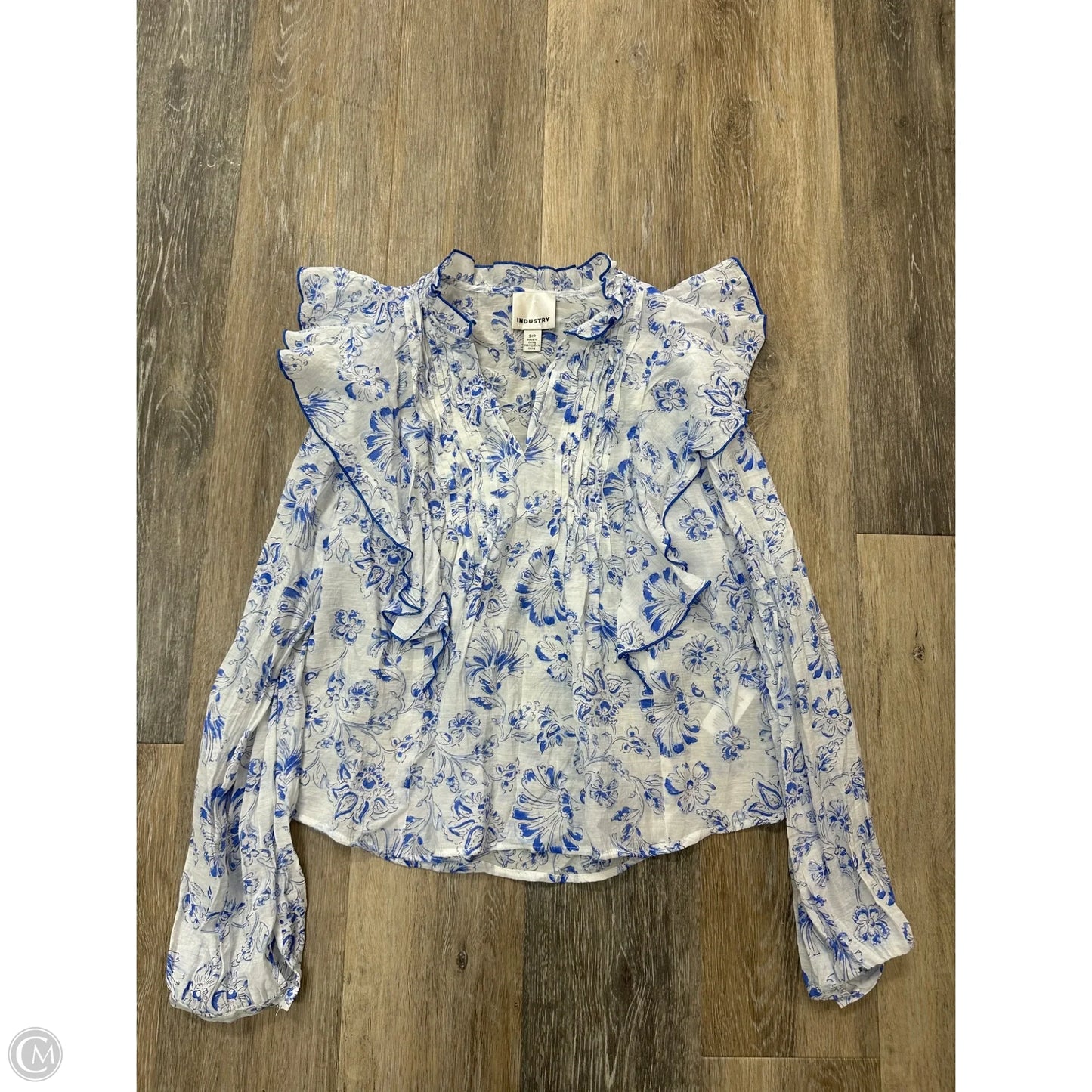 Blouse Long Sleeve By Industry In Blue & White, Size: S