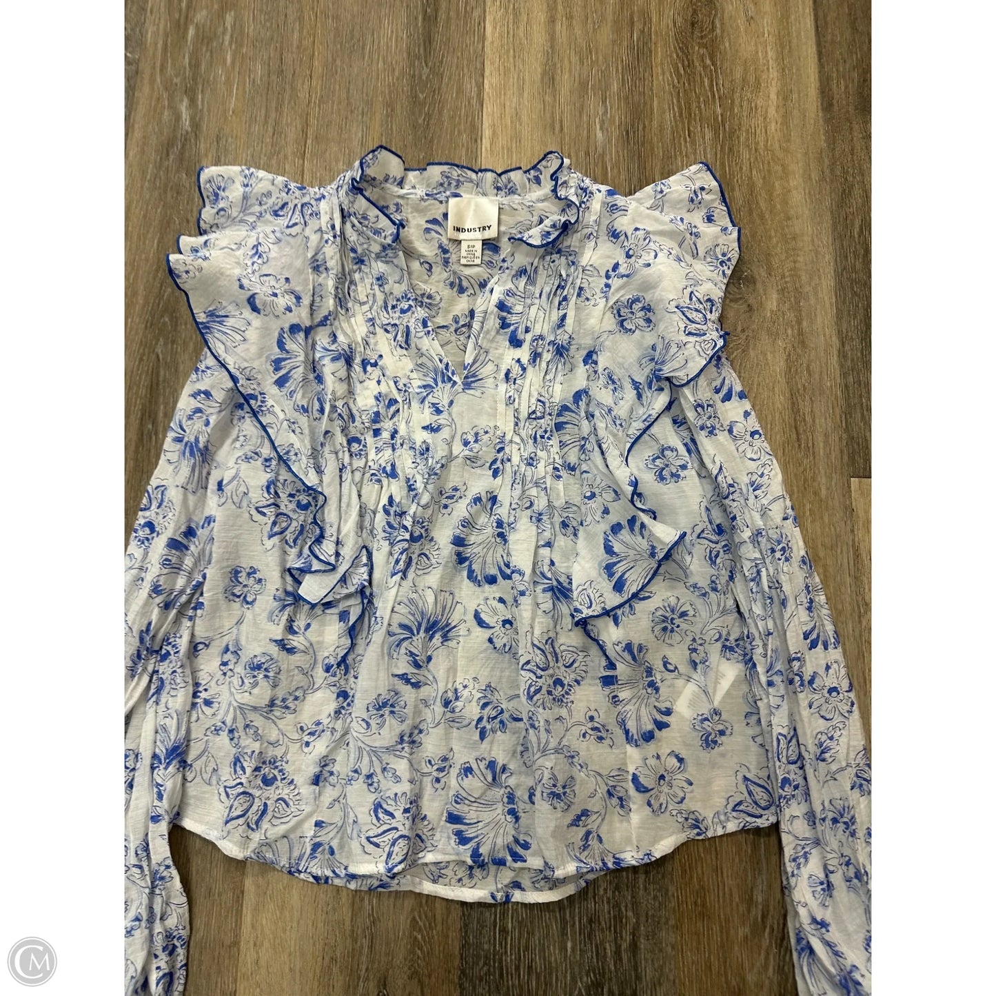 Blouse Long Sleeve By Industry In Blue & White, Size: S