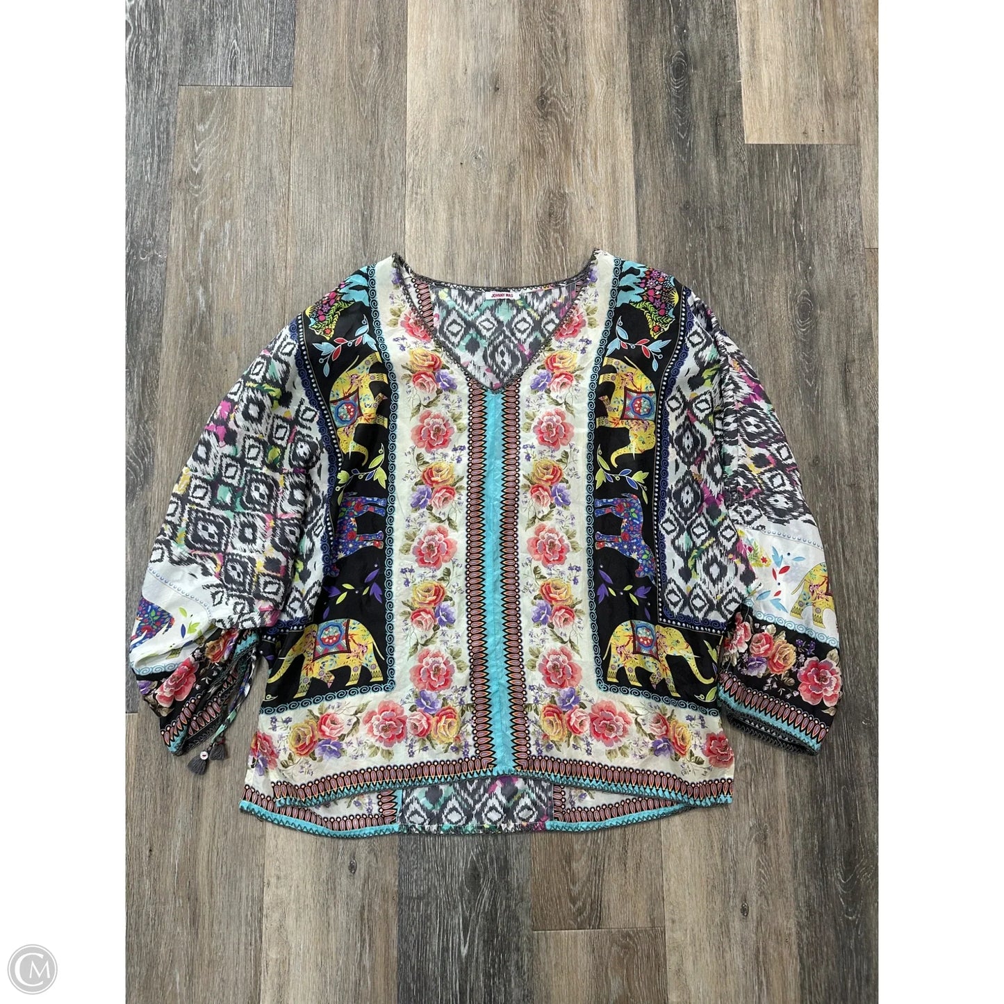 Blouse Long Sleeve By Johnny Was In Grey & White, Size: M