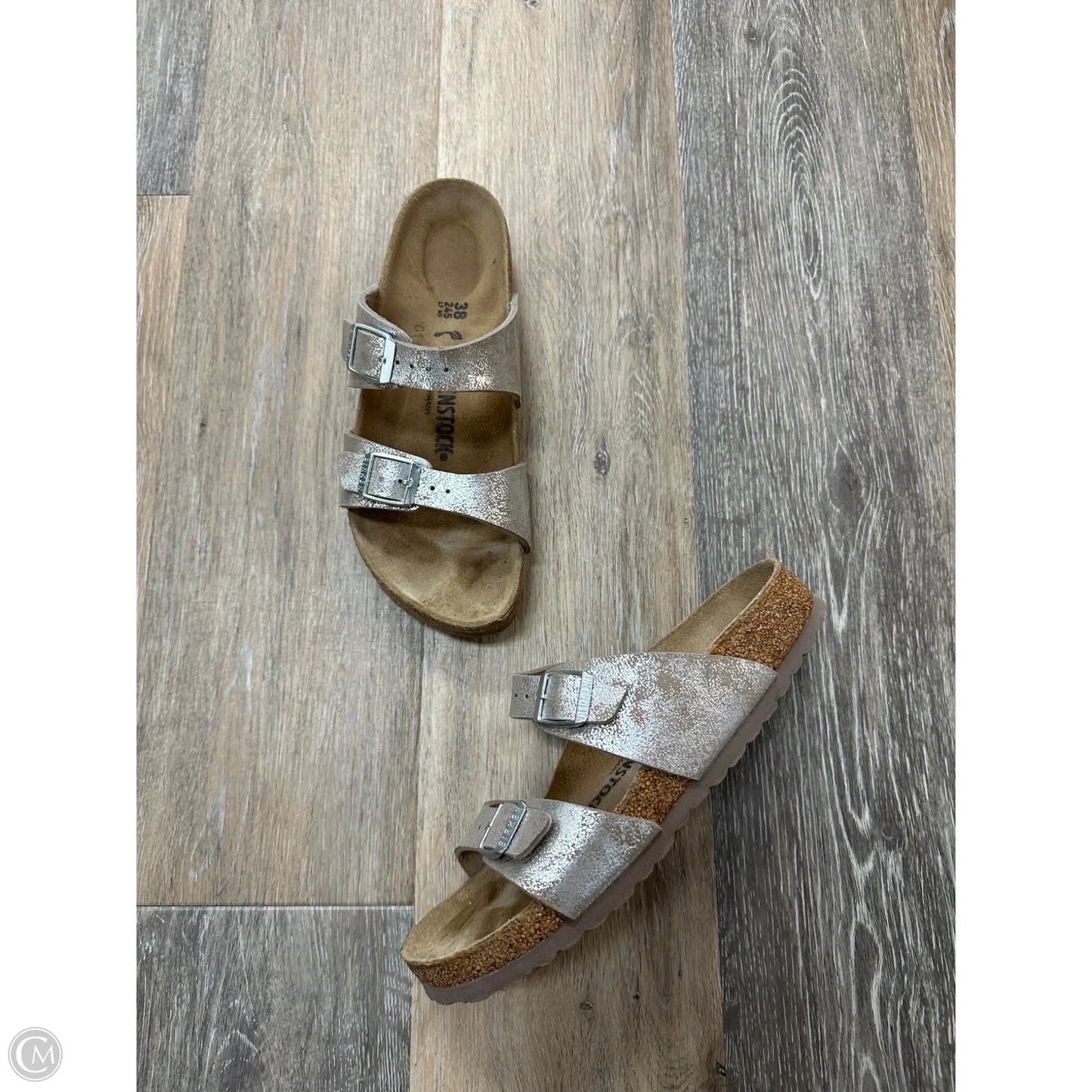 Sandals Flats By Birkenstock In Silver, Size: 7