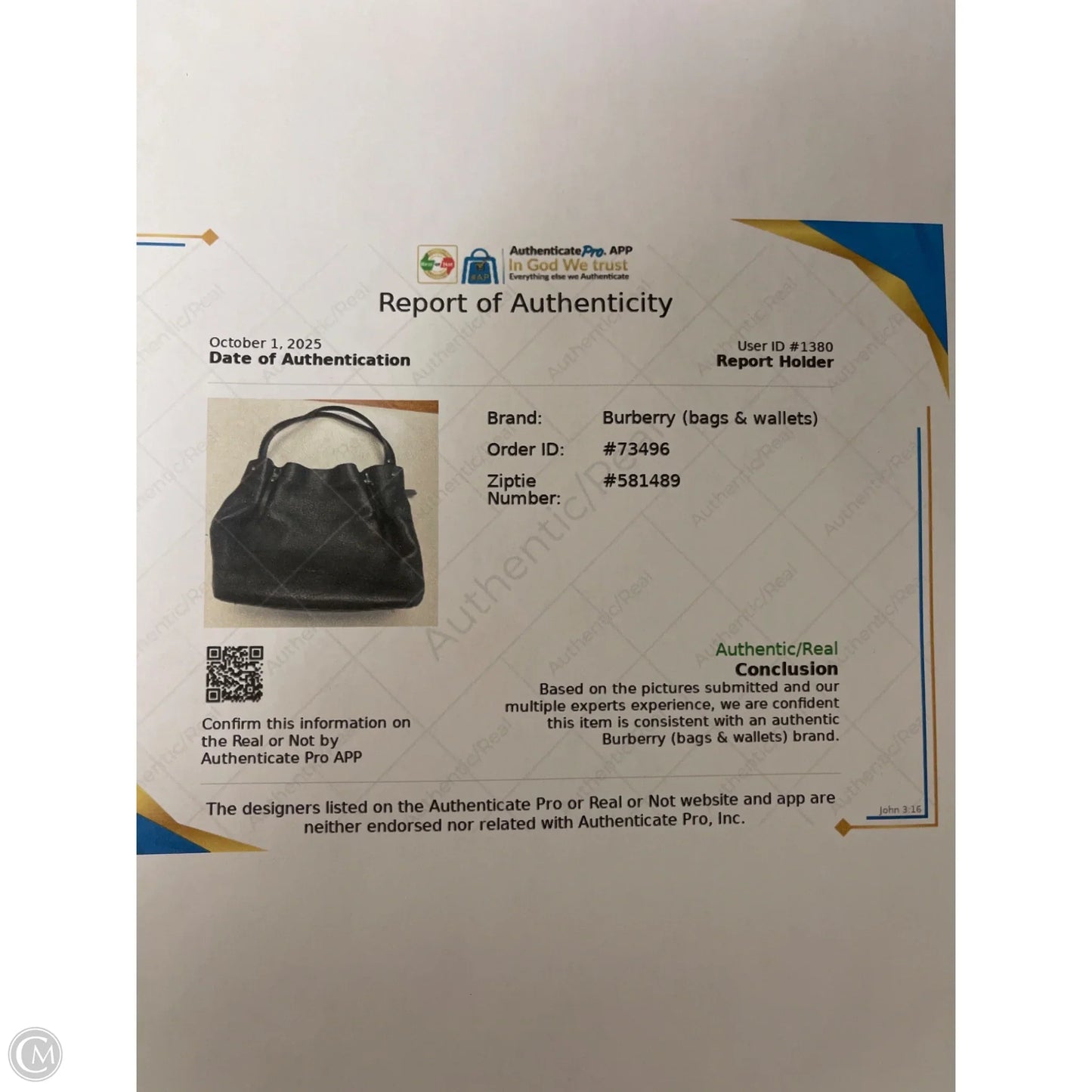 Accessory Luxury Designer Label By Burberry, Size: Large