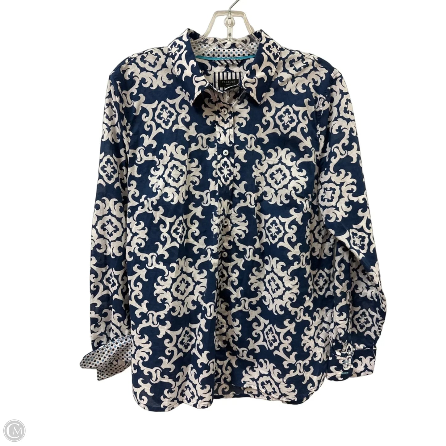 Blouse Long Sleeve By Talbots In Blue & White, Size: Lp