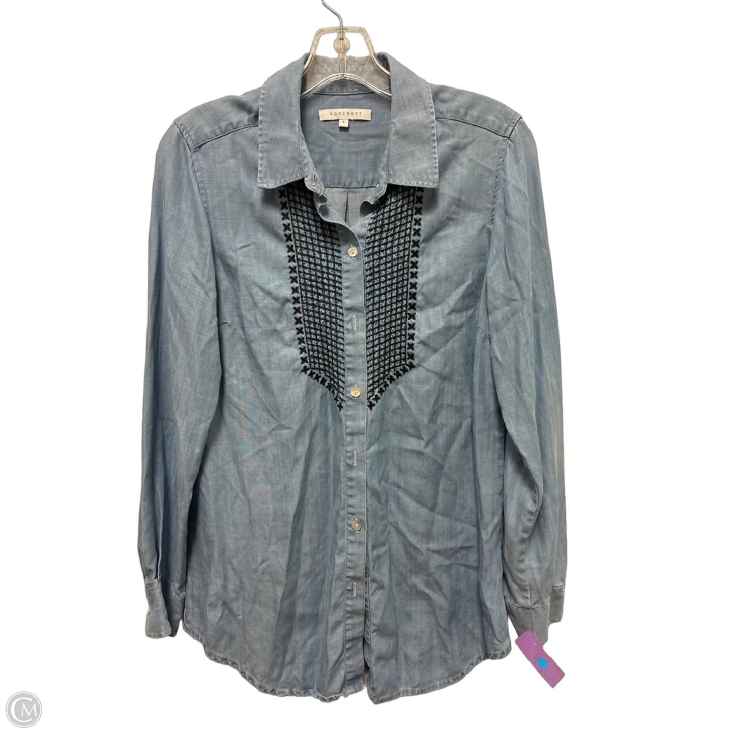 Blouse Long Sleeve By Foxcroft In Blue Denim, Size: S