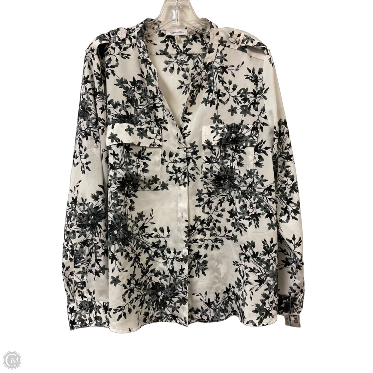 Blouse Long Sleeve By Calvin Klein In Grey & White, Size: Xl