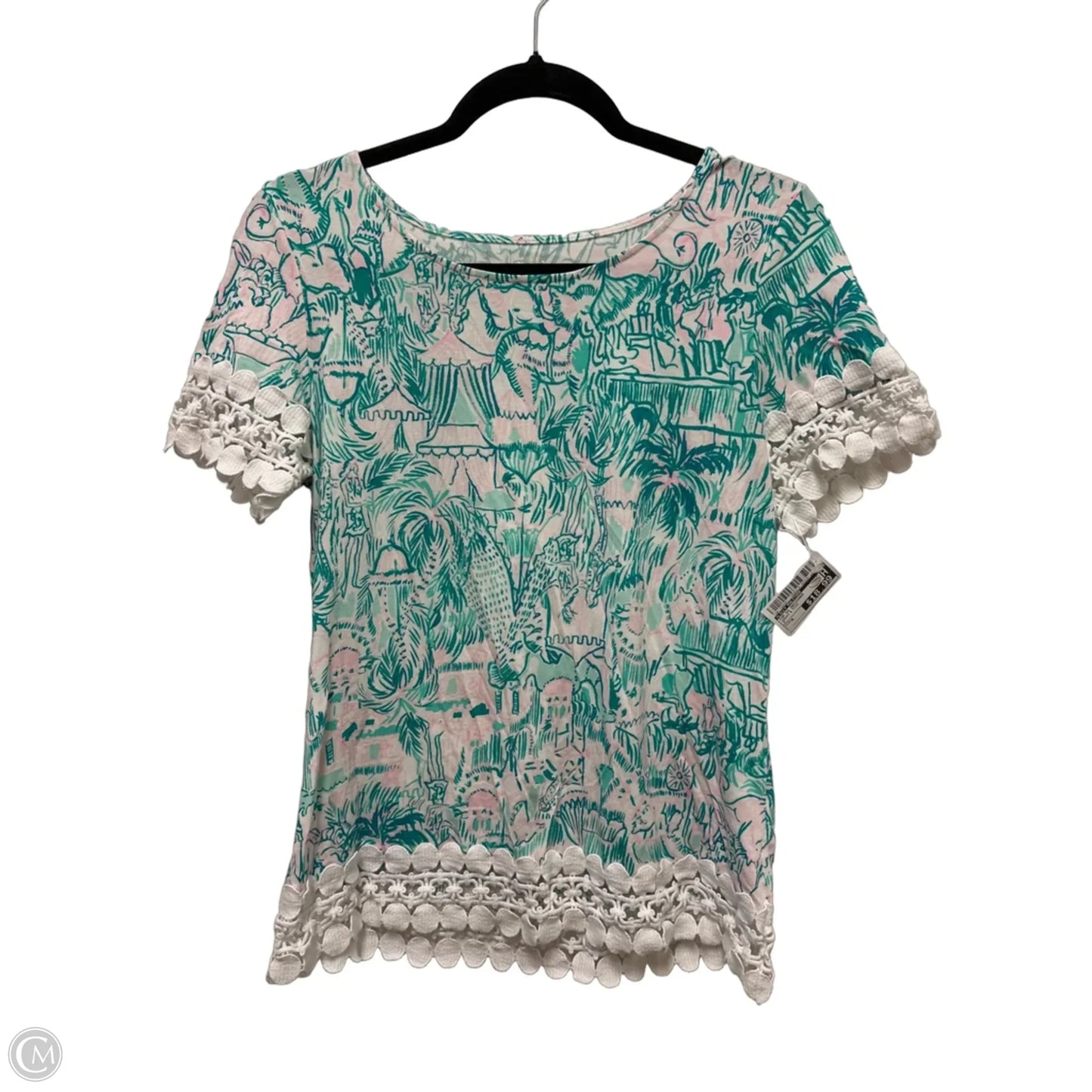 Top Short Sleeve Designer By Lilly Pulitzer In Green & Pink, Size: M