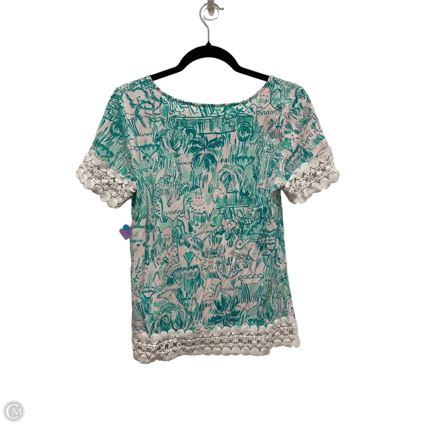Top Short Sleeve Designer By Lilly Pulitzer In Green & Pink, Size: M