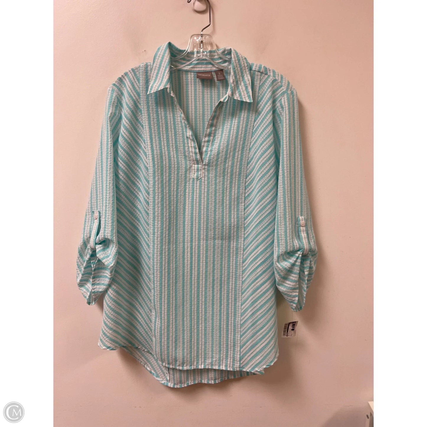 Top Long Sleeve By Chicos In Blue & White, Size: L