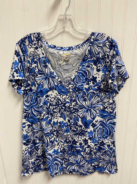 Top Short Sleeve Designer By Lilly Pulitzer In Blue & White, Size: L