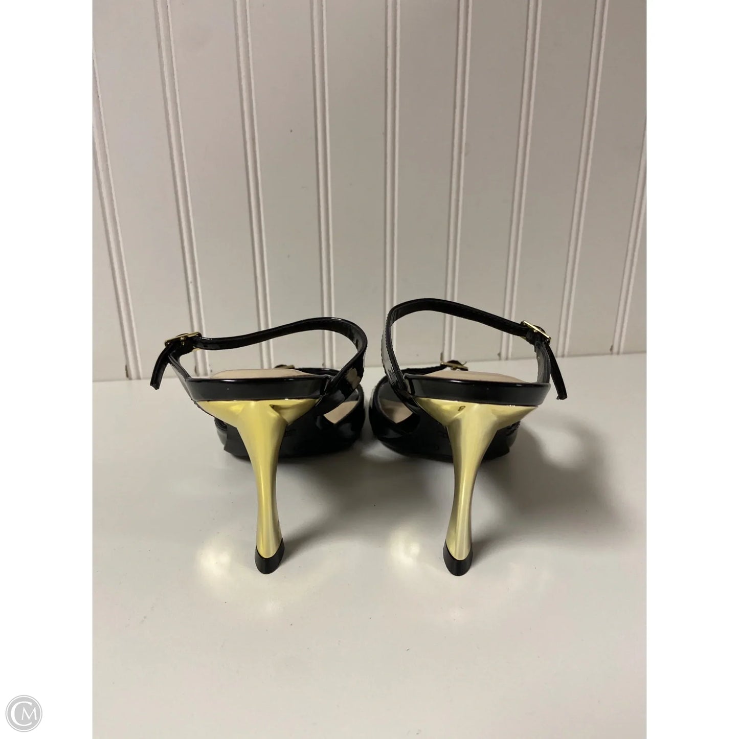 Sandals Heels Stiletto By Nine West In Black & Gold, Size: 6