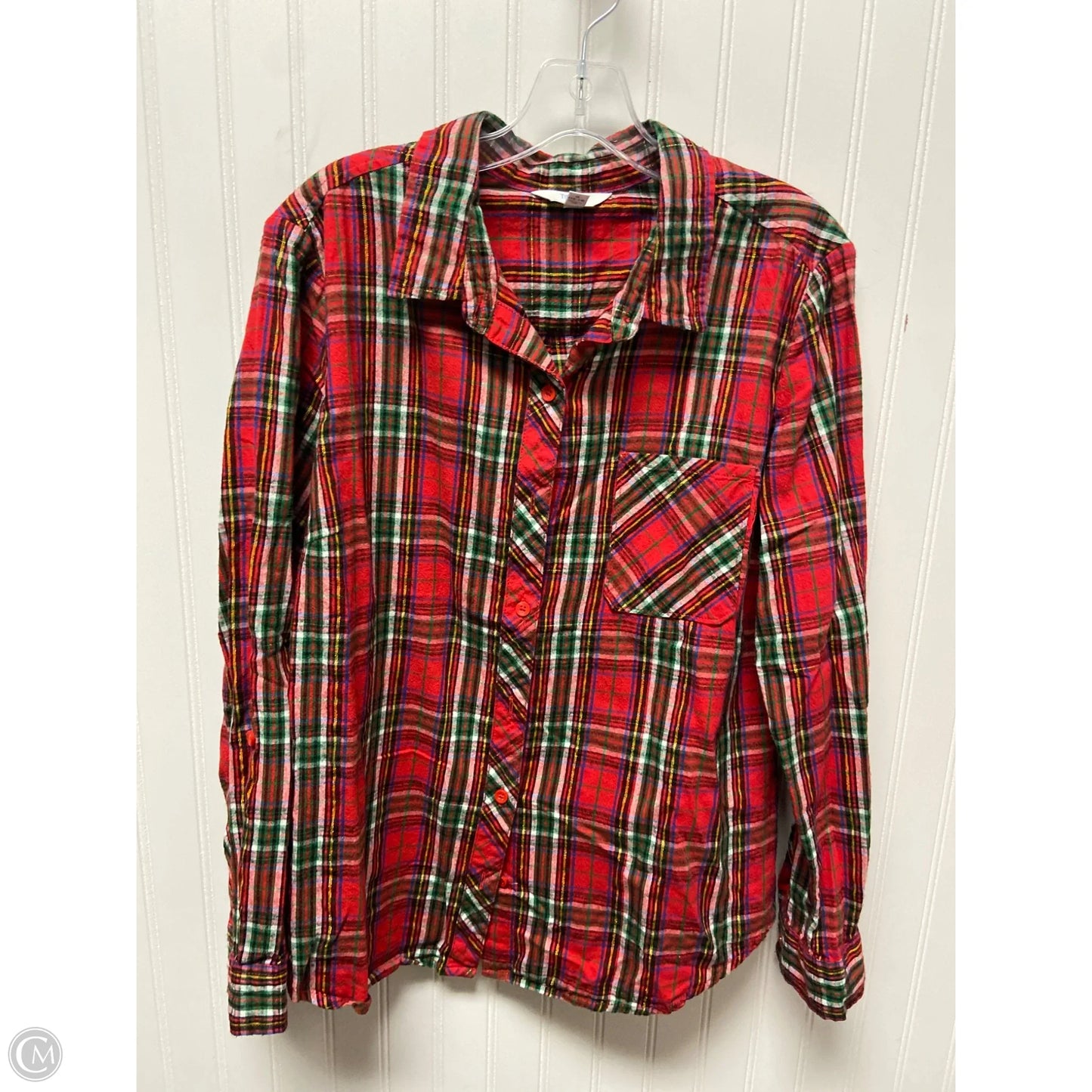 Top Long Sleeve By Time And Tru In Plaid Pattern, Size: L