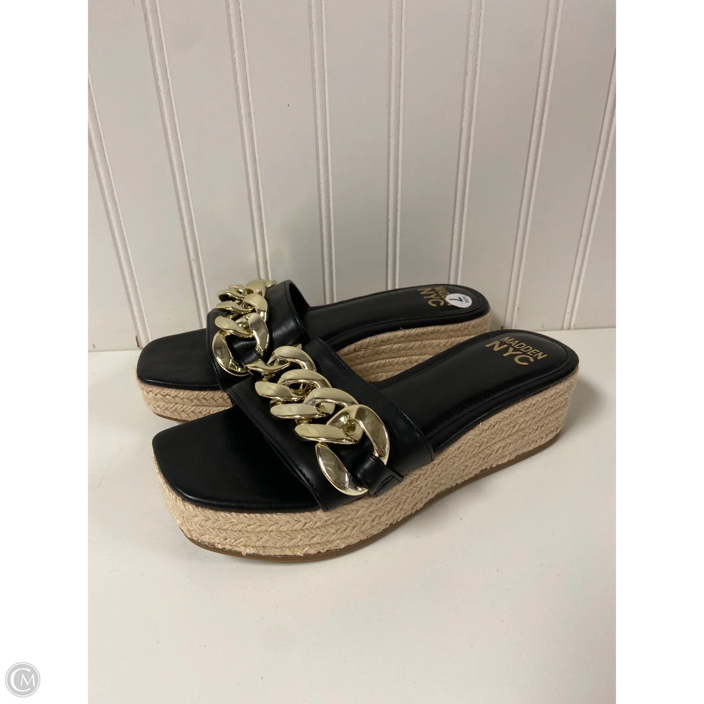 Sandals Heels Wedge By Madden Nyc In Black & Gold, Size: 7