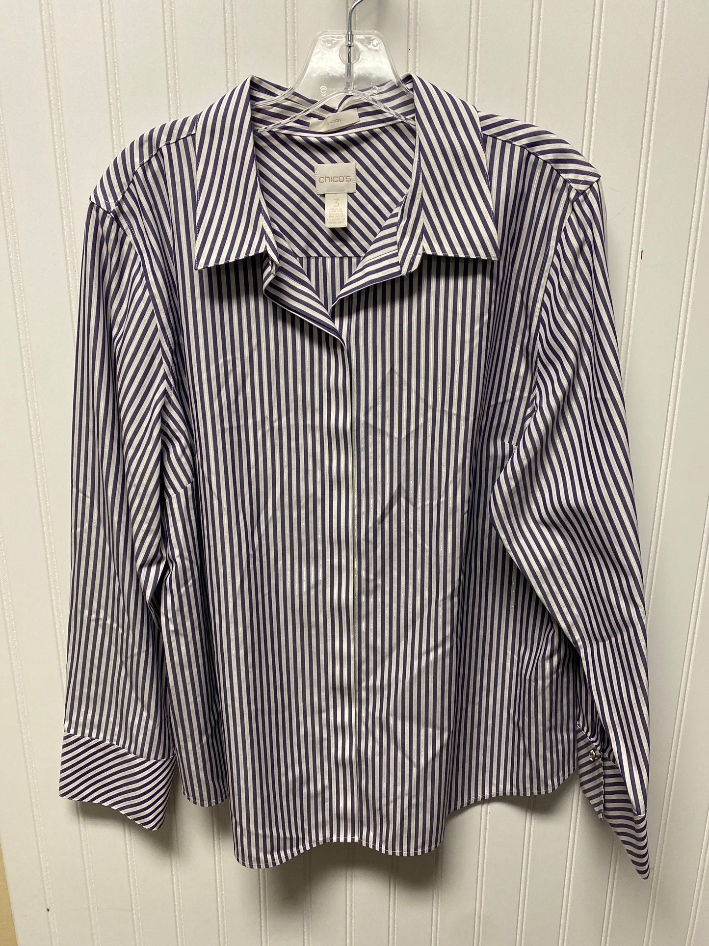 Top Long Sleeve By Chicos In Blue & White, Size: Xl