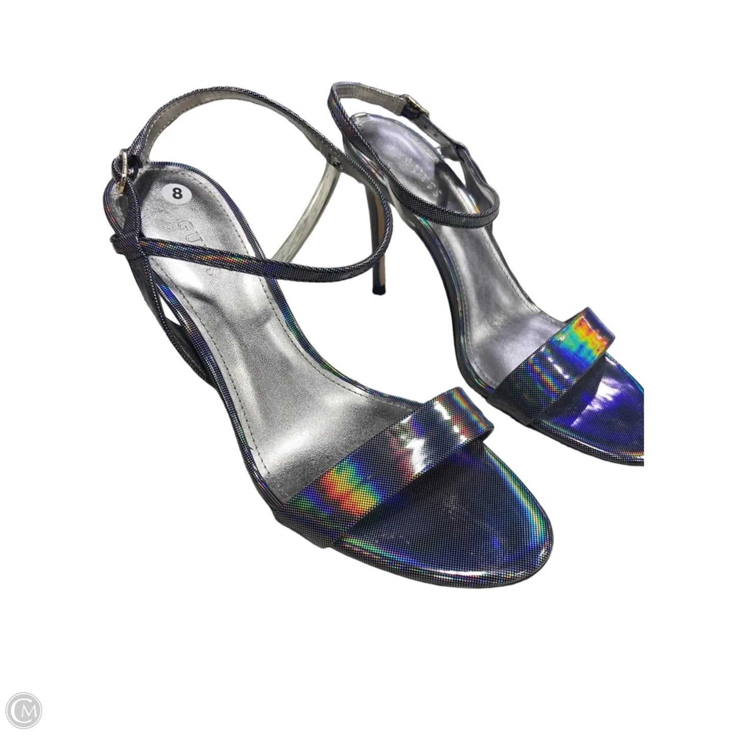 Sandals Heels Stiletto By Guess In Silver, Size: 8
