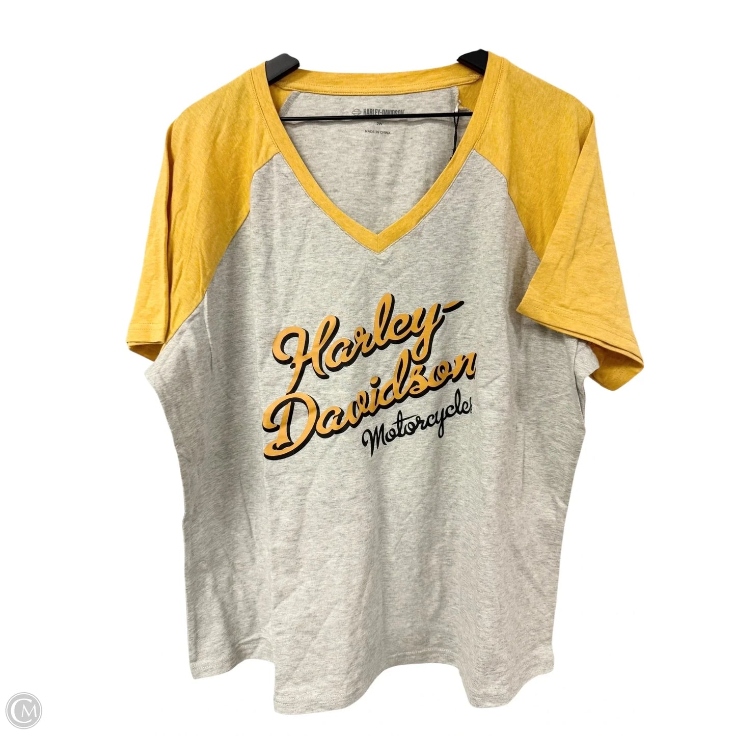 Top Short Sleeve By Harley Davidson In Grey & Yellow, Size: 2x