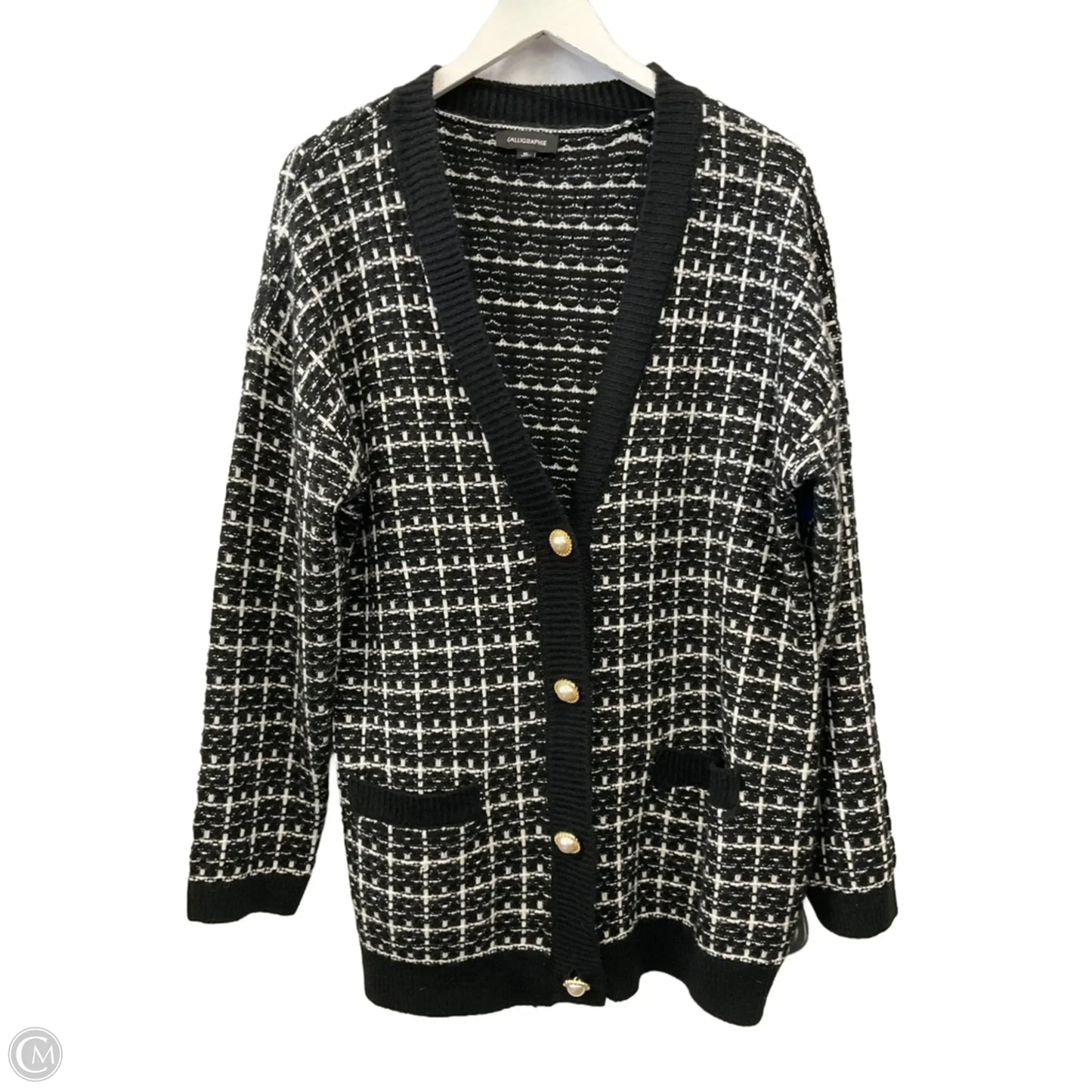Sweater Cardigan By Calligraphie In Black & White, Size: Xl