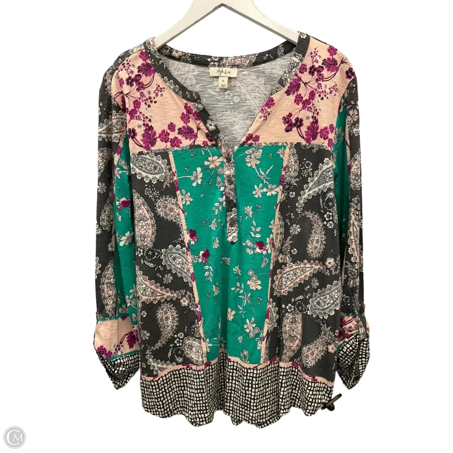 Top Long Sleeve By Style And Company In Green & Pink, Size: Xl