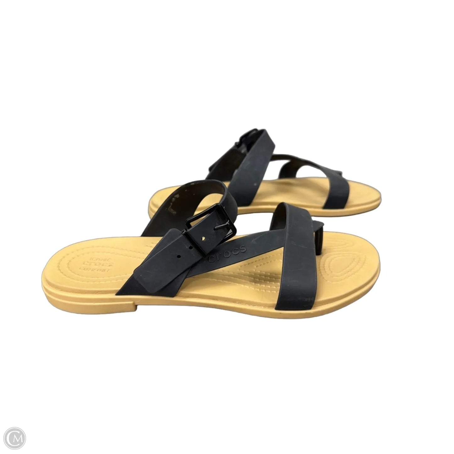 Sandals Flats By Crocs In Black & Tan, Size: 10