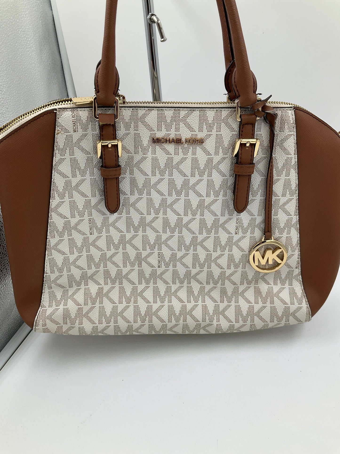 Handbag Designer By Michael Kors In Brown & White, Size:Medium