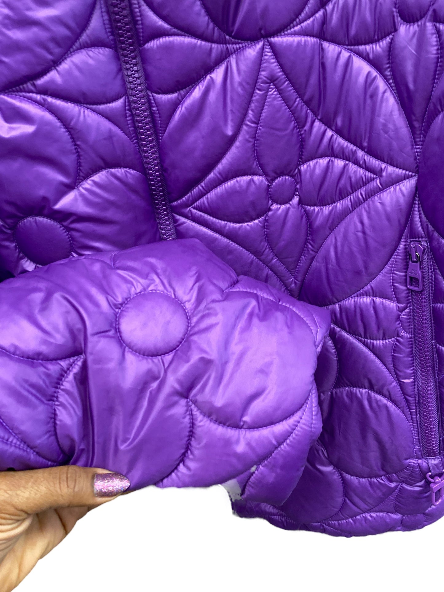 Coat Luxury Designer By Louis Vuitton Purple Flower Monogram Puffer JacketSize:48