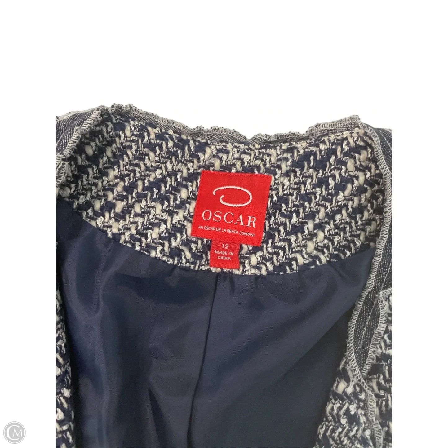 Blazer Luxury Designer By Oscar De La Renta In Blue & White, Size: 12