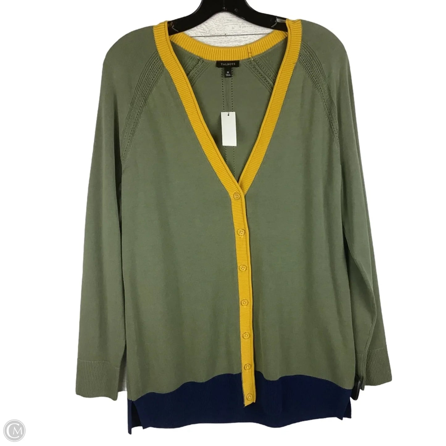 Cardigan By Talbots In Green & Yellow, Size: M