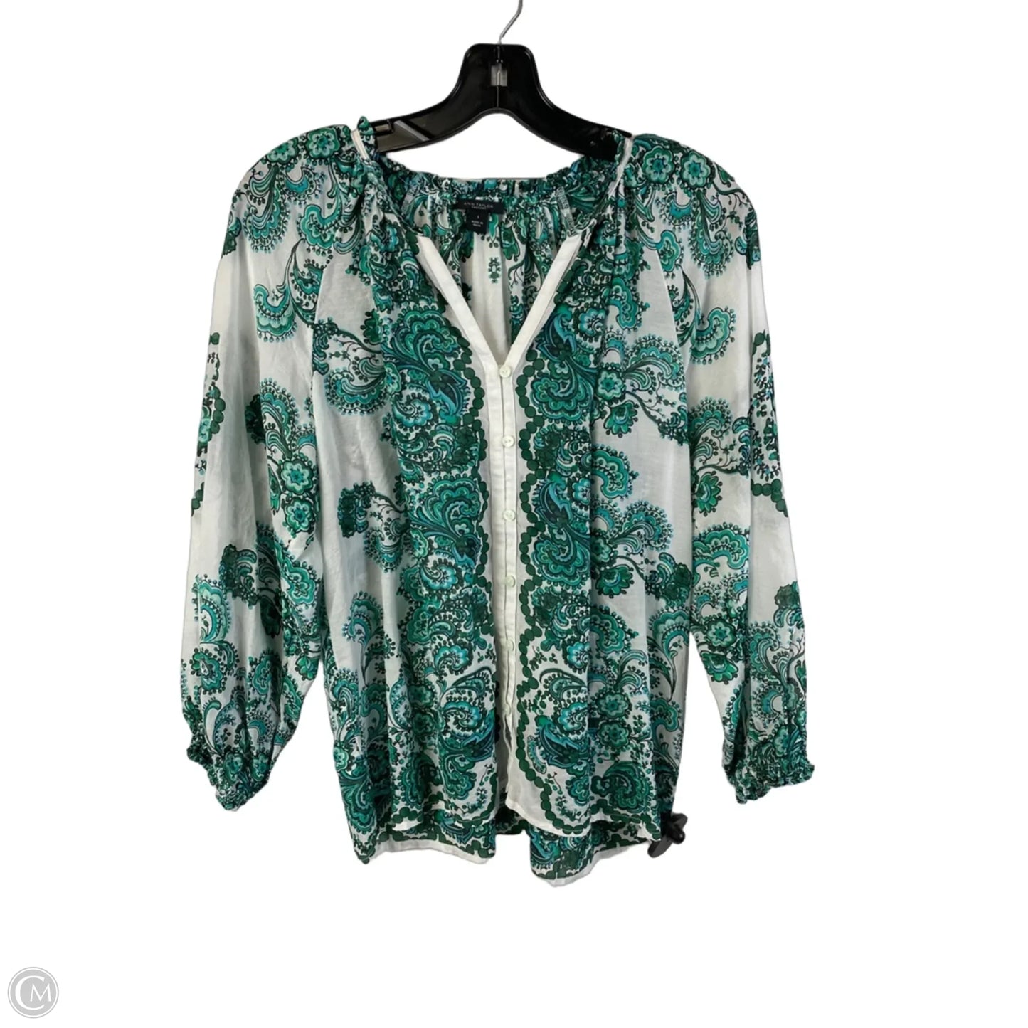 Top Long Sleeve By Ann Taylor In Green & White, Size: S