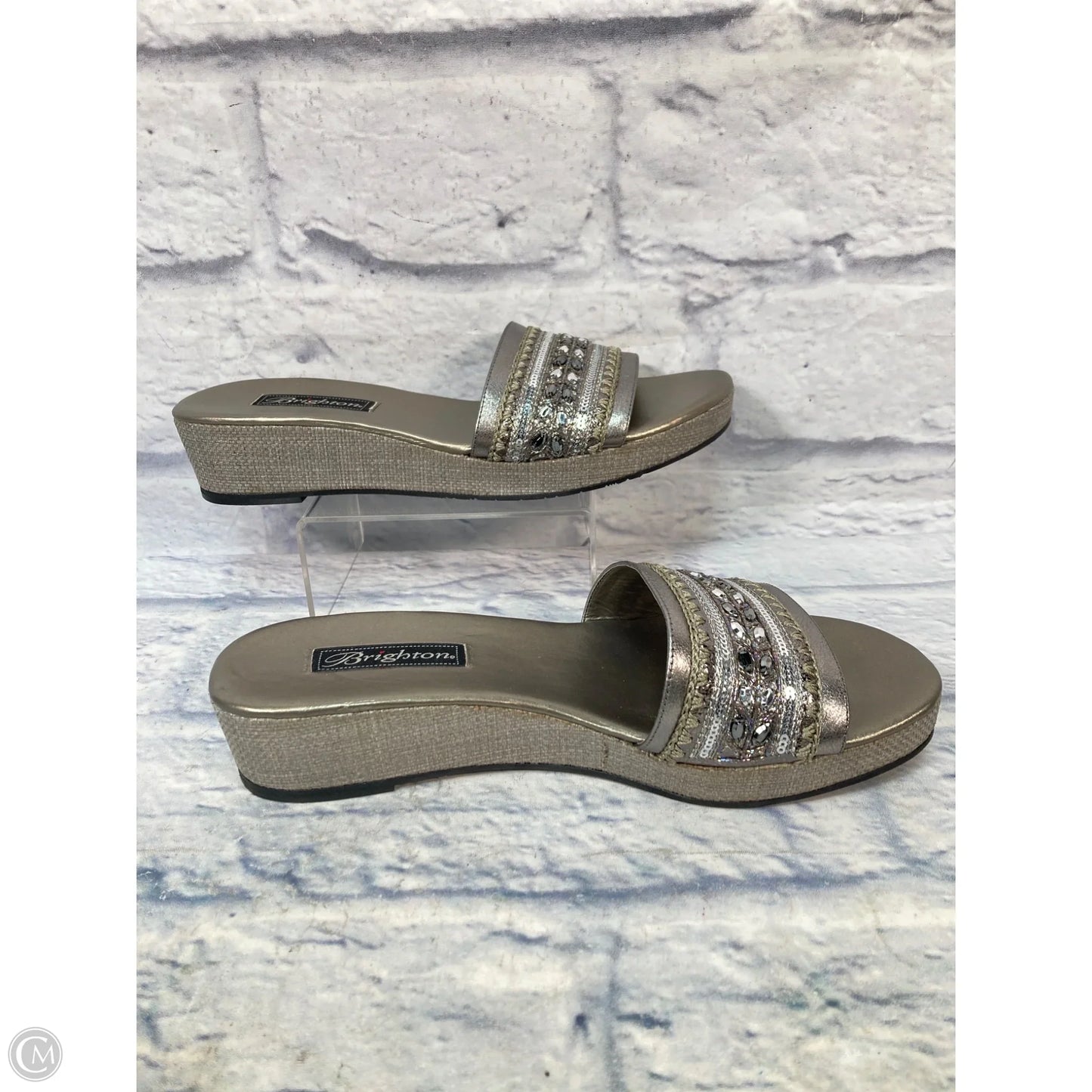 Sandals Heels Wedge By Brighton In Grey & Tan, Size: 10