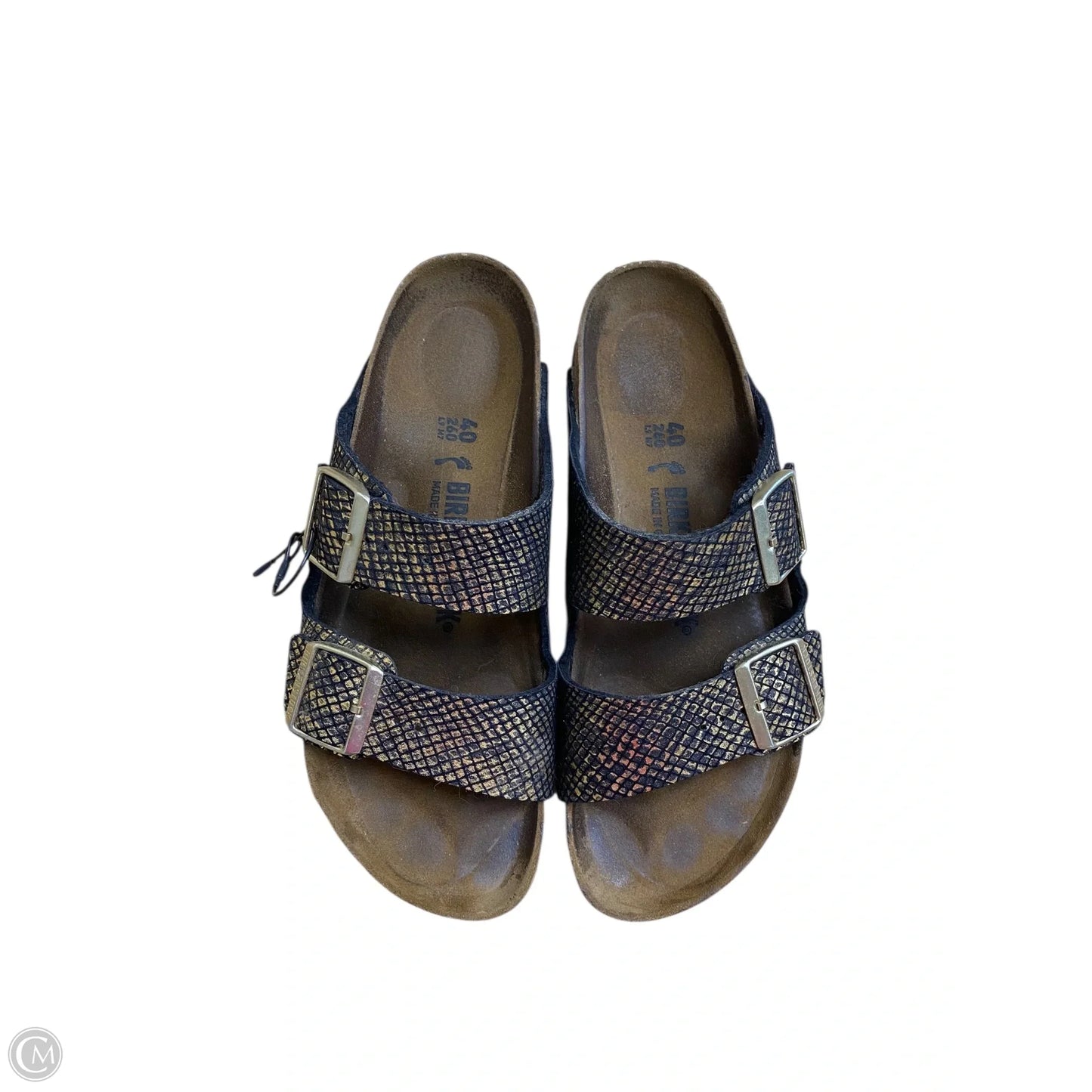 Sandals Flats By Birkenstock In Black & Gold, Size: 9