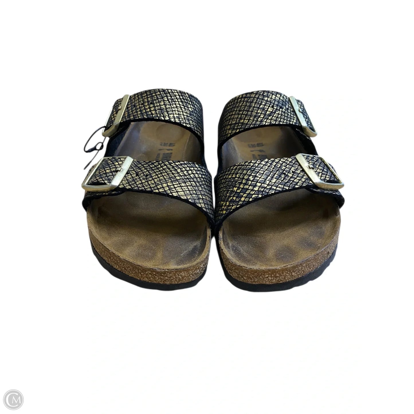 Sandals Flats By Birkenstock In Black & Gold, Size: 9