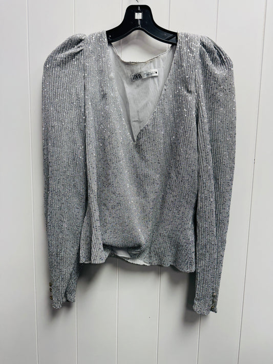 Blouse Long Sleeve By Zara In Silver, Size: L
