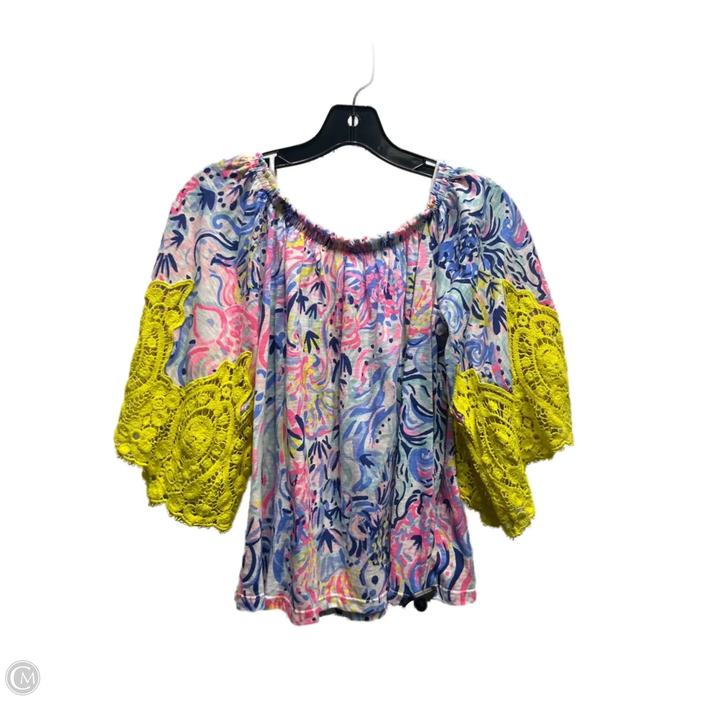 Top Short Sleeve Designer By Lilly Pulitzer In Black & Yellow, Size: Xxs