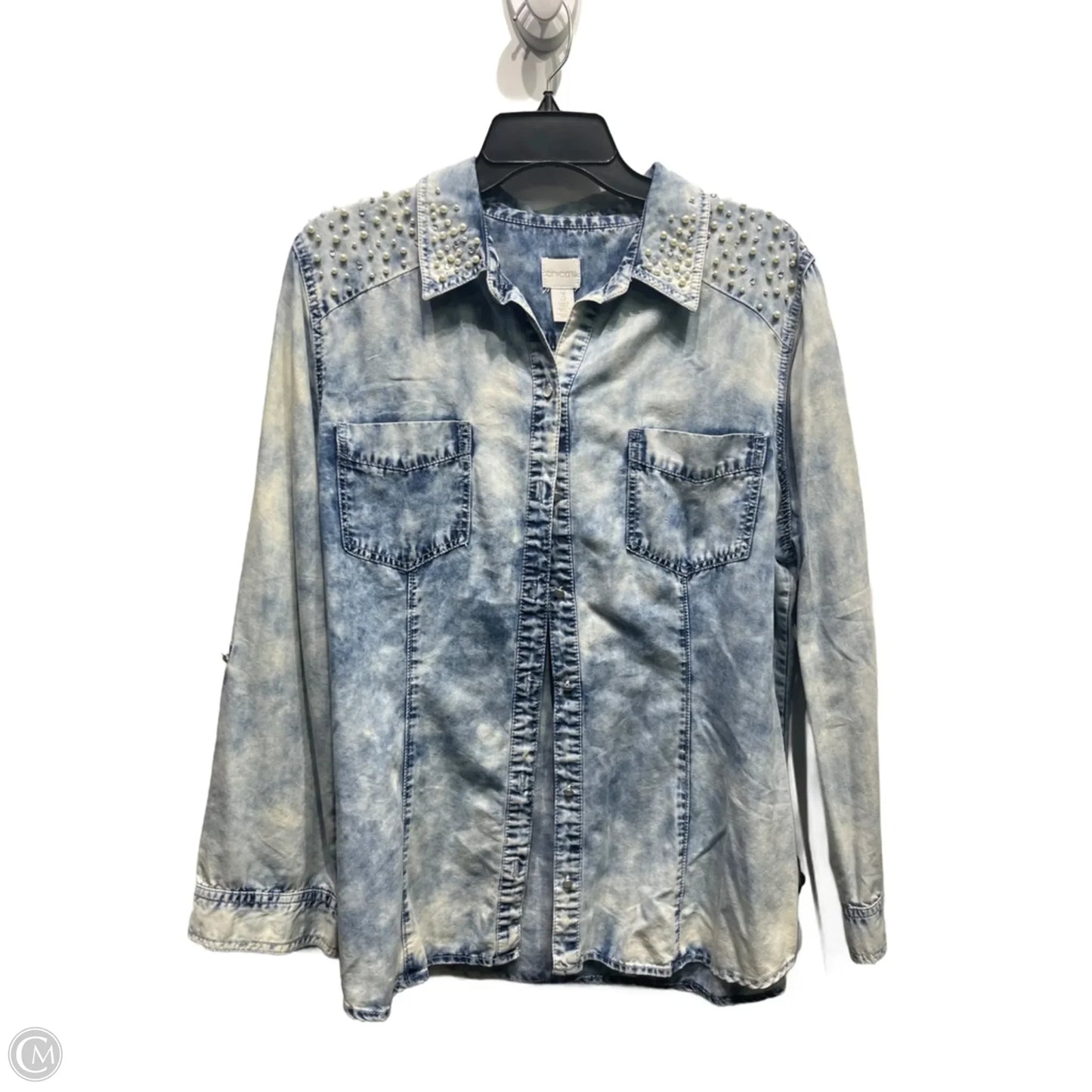 Top Long Sleeve By Chicos In Blue Denim, Size: Xl