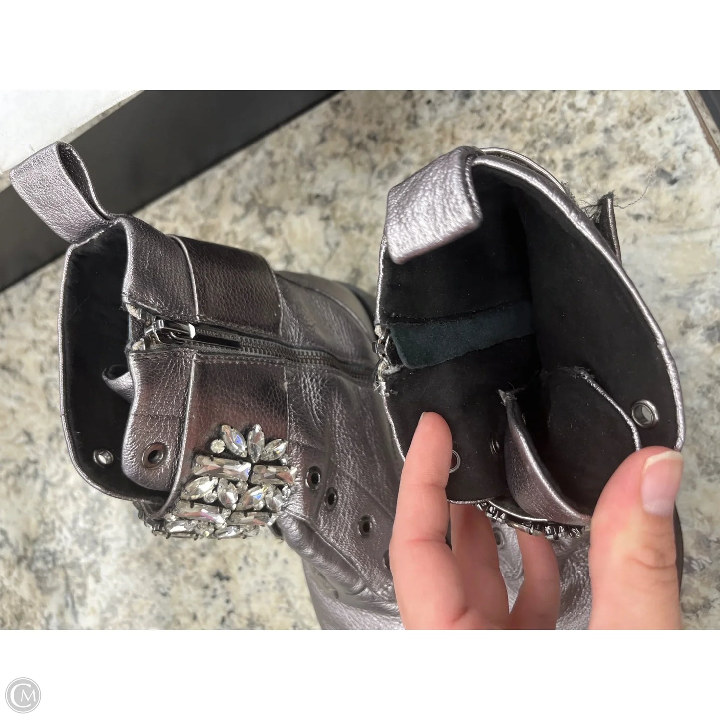 Boots Designer By Karl Lagerfeld In Silver, Size: 8.5