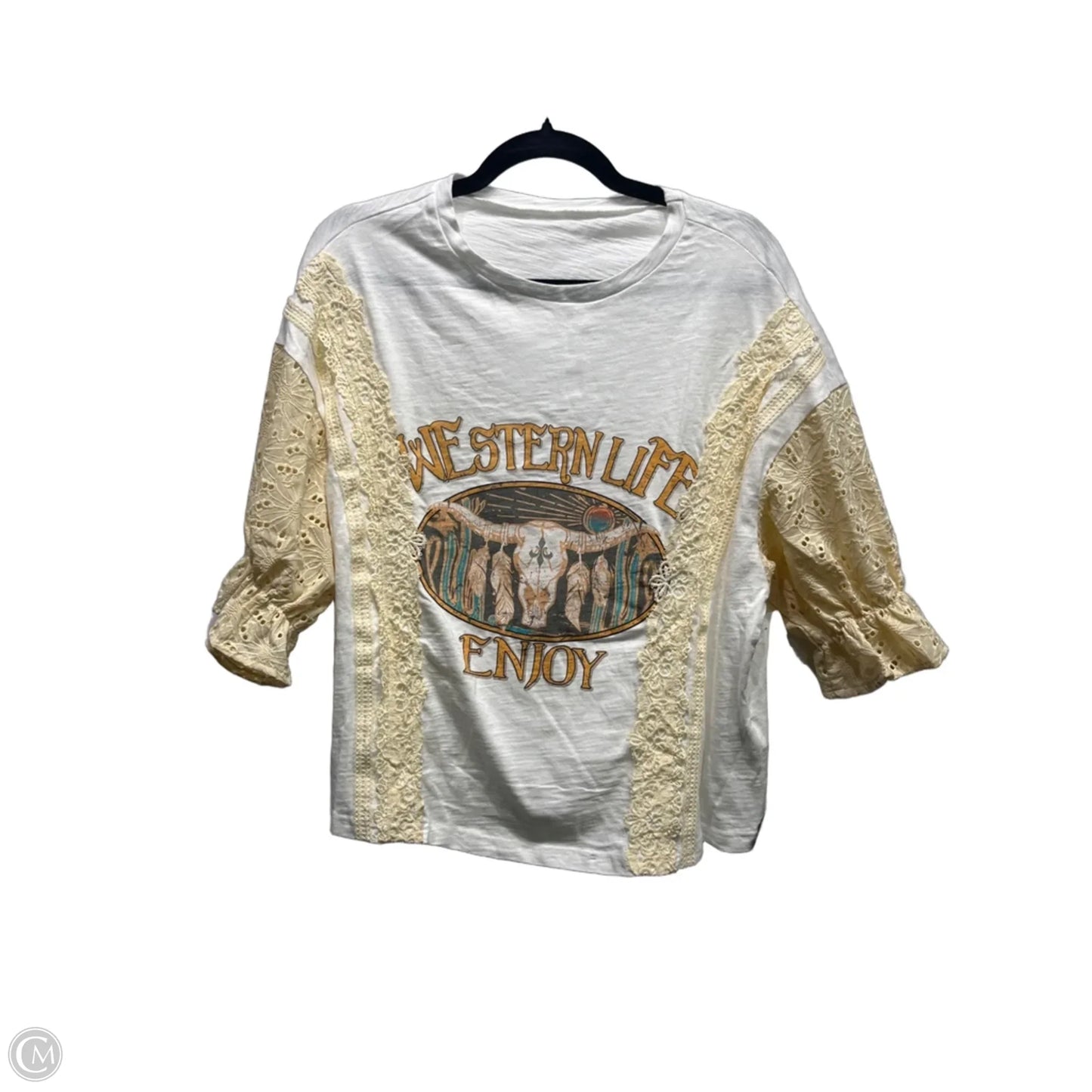 Top Short Sleeve By Shein In White & Yellow, Size: S