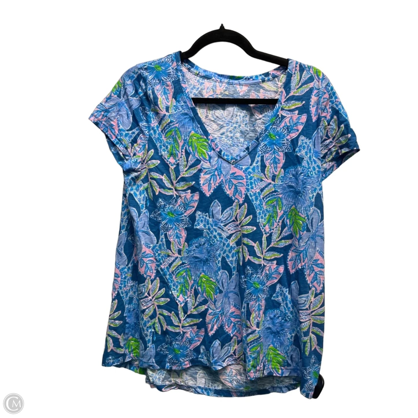 Top Short Sleeve Designer By Lilly Pulitzer In Blue & Pink, Size: M