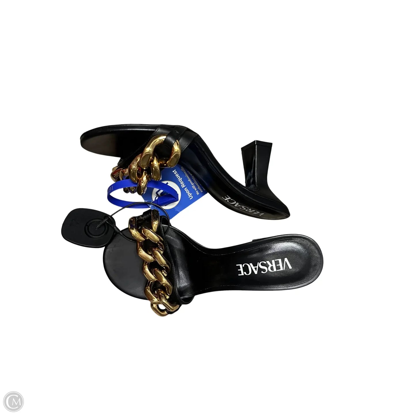 Sandals Luxury Designer By Versace In Black & Gold, Size: 5.5