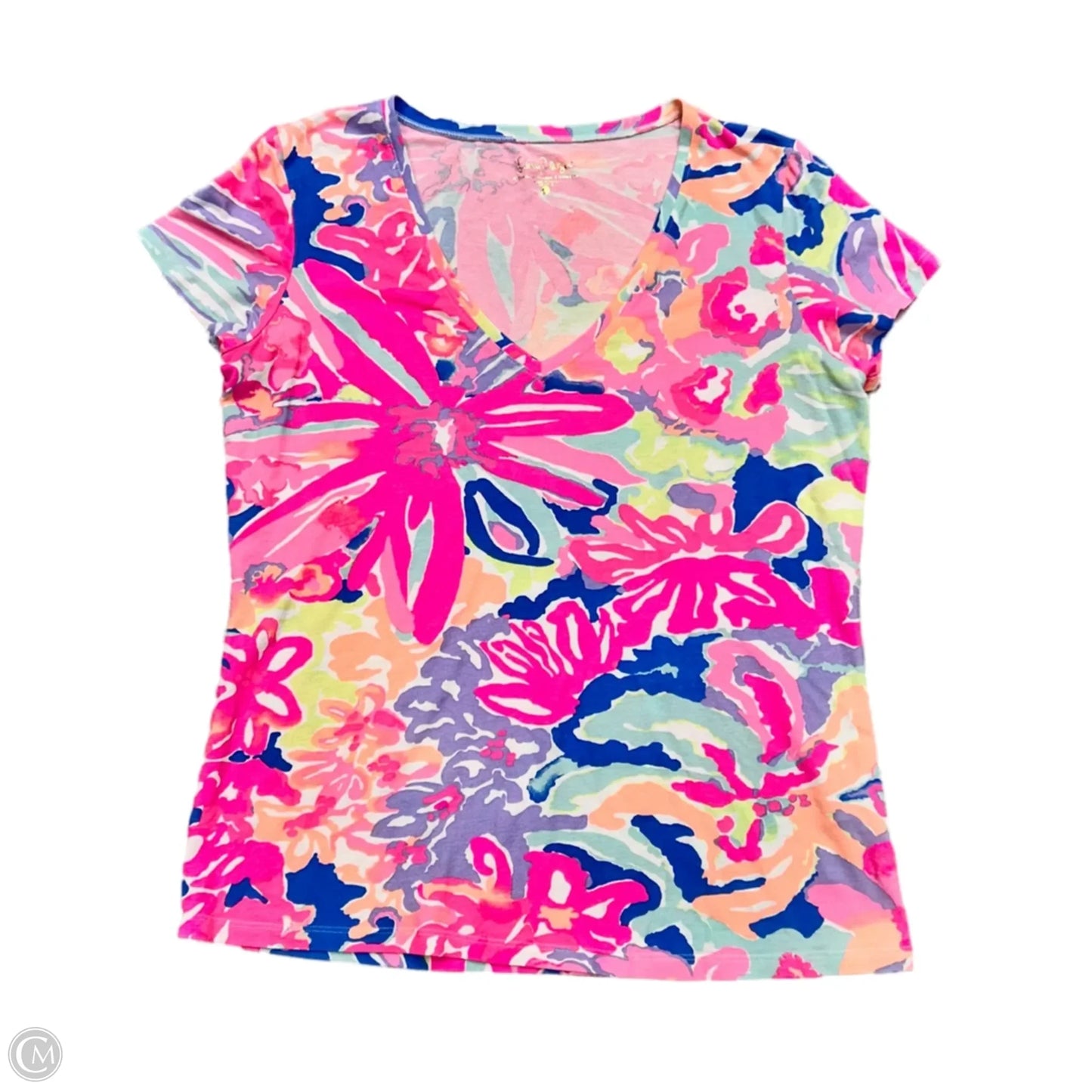 Top Short Sleeve Designer By Lilly Pulitzer In Blue & Pink, Size: L