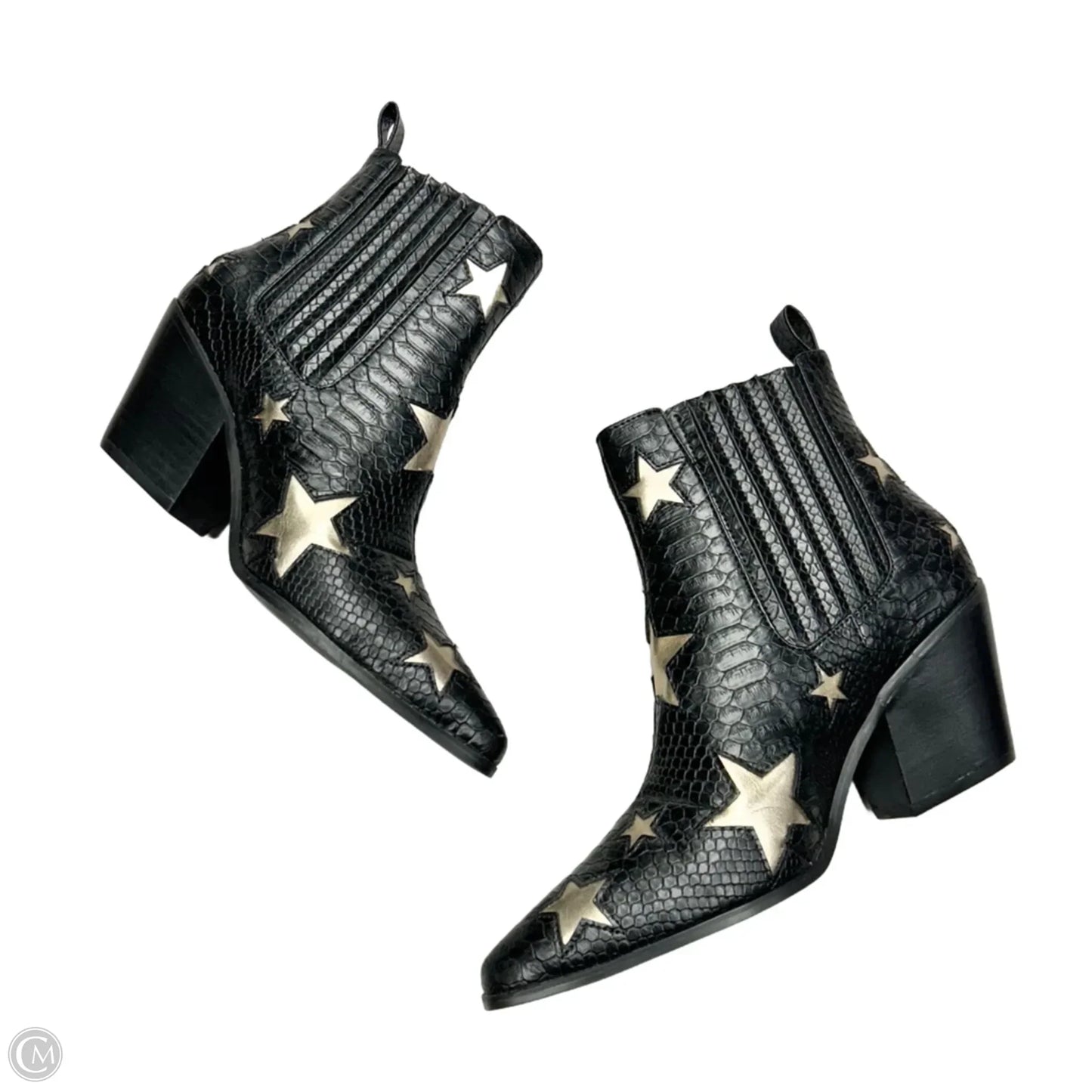 Boots Ankle Heels By Betsey Johnson In Black & Gold, Size: 7