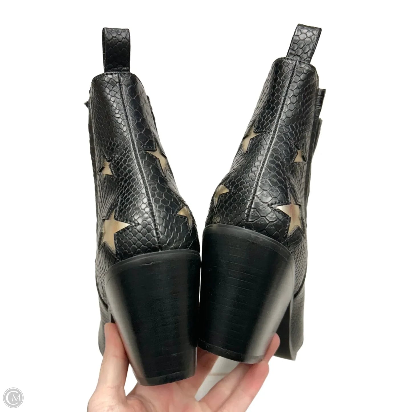 Boots Ankle Heels By Betsey Johnson In Black & Gold, Size: 7