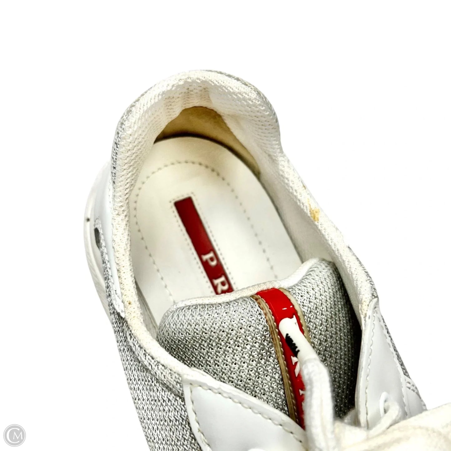 Shoes Luxury Designer By Prada In Grey & White, Size: 8.5