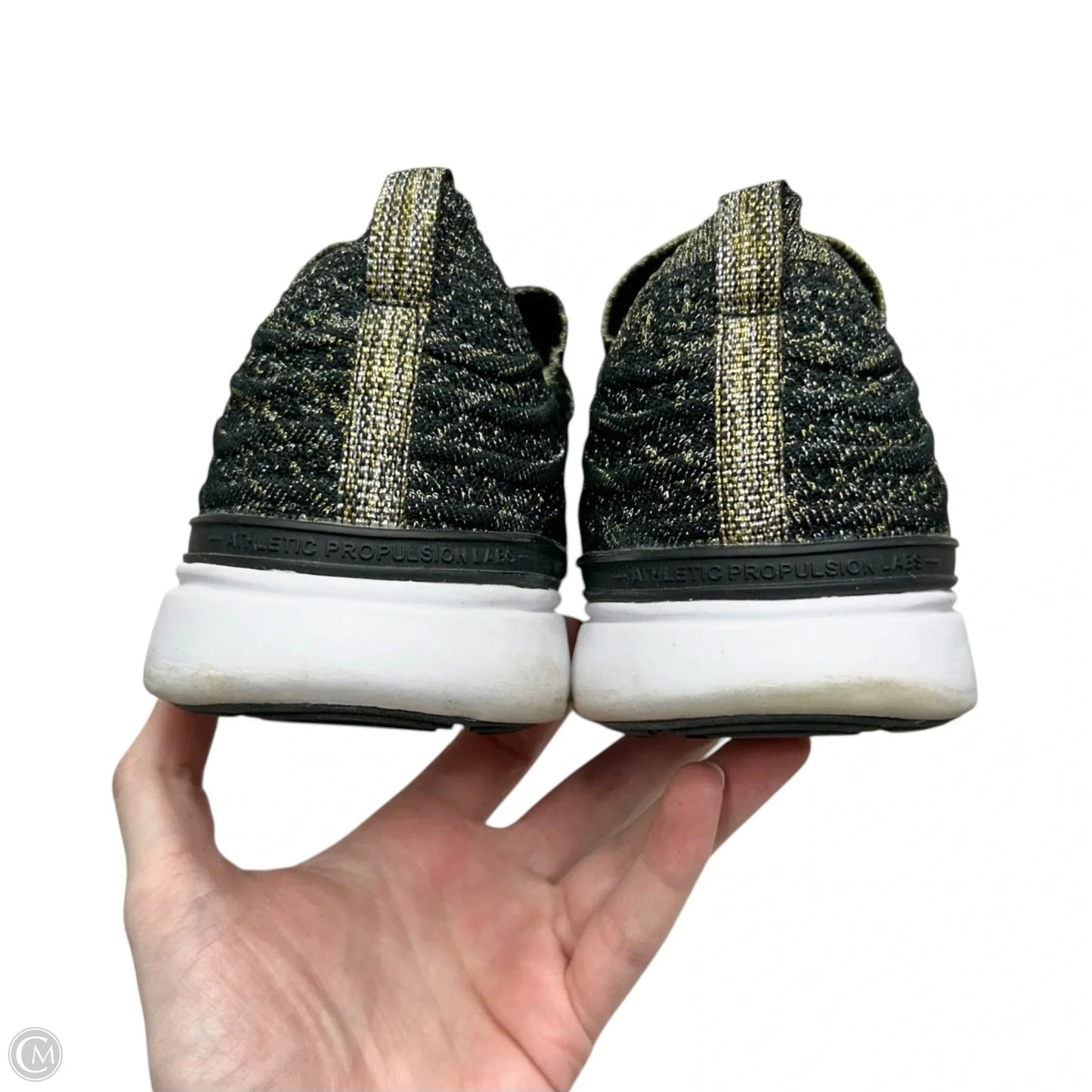 Shoes Designer By Apl In Black & Gold, Size: 9.5