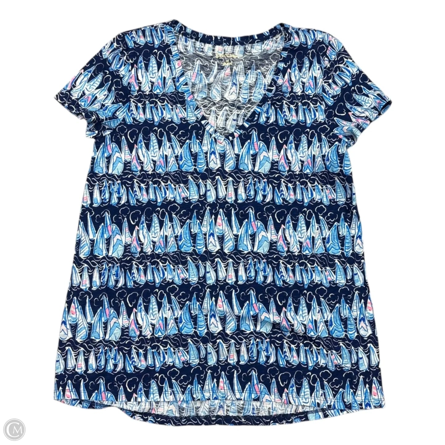Top Short Sleeve Designer By Lilly Pulitzer In Blue & White, Size: M