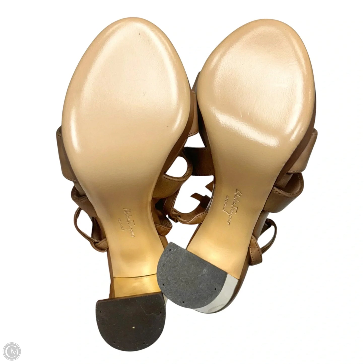 Sandals Luxury Designer By Ferragamo In Brown & Gold, Size: 5.5