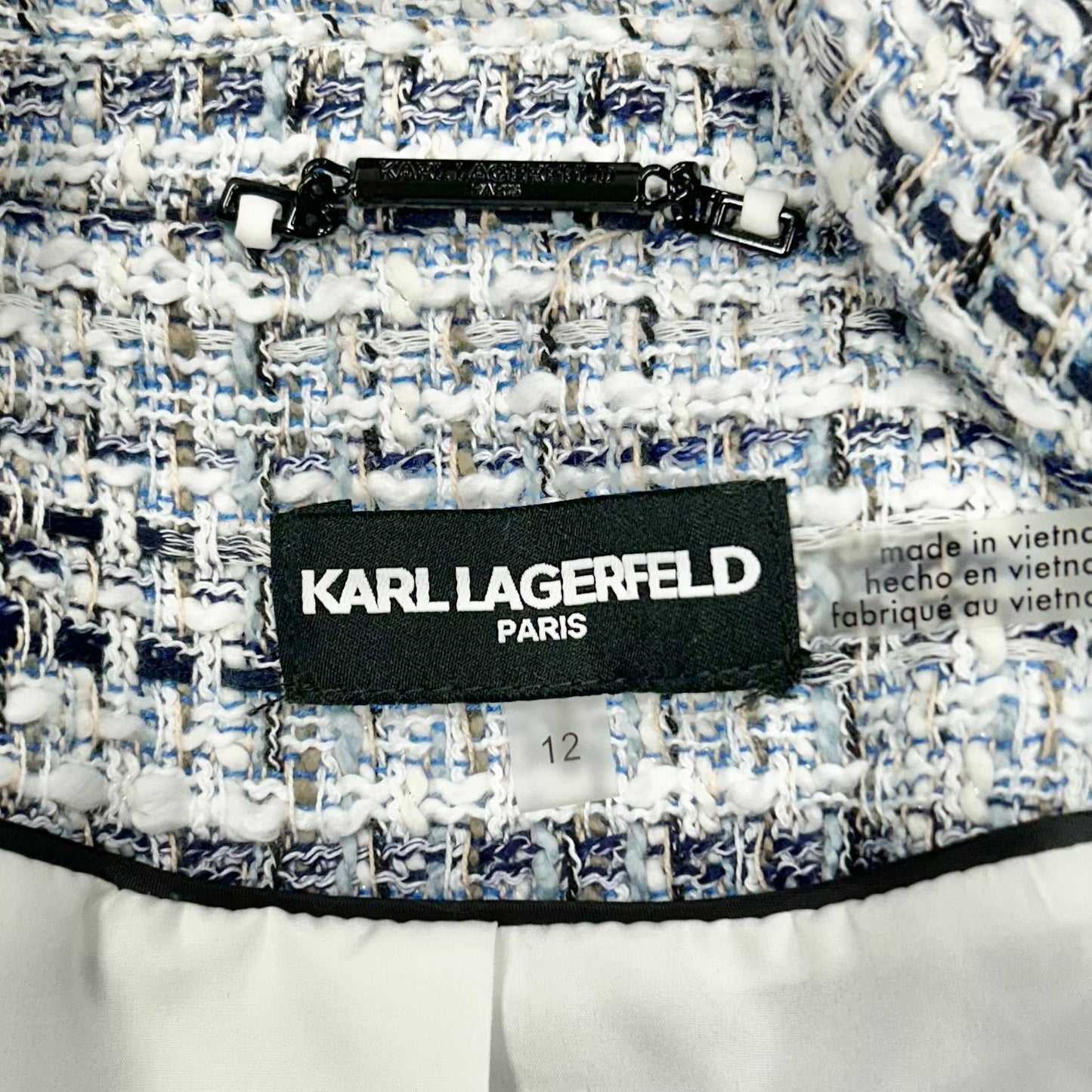 Blazer Designer By Karl Lagerfeld In Blue & White, Size: L